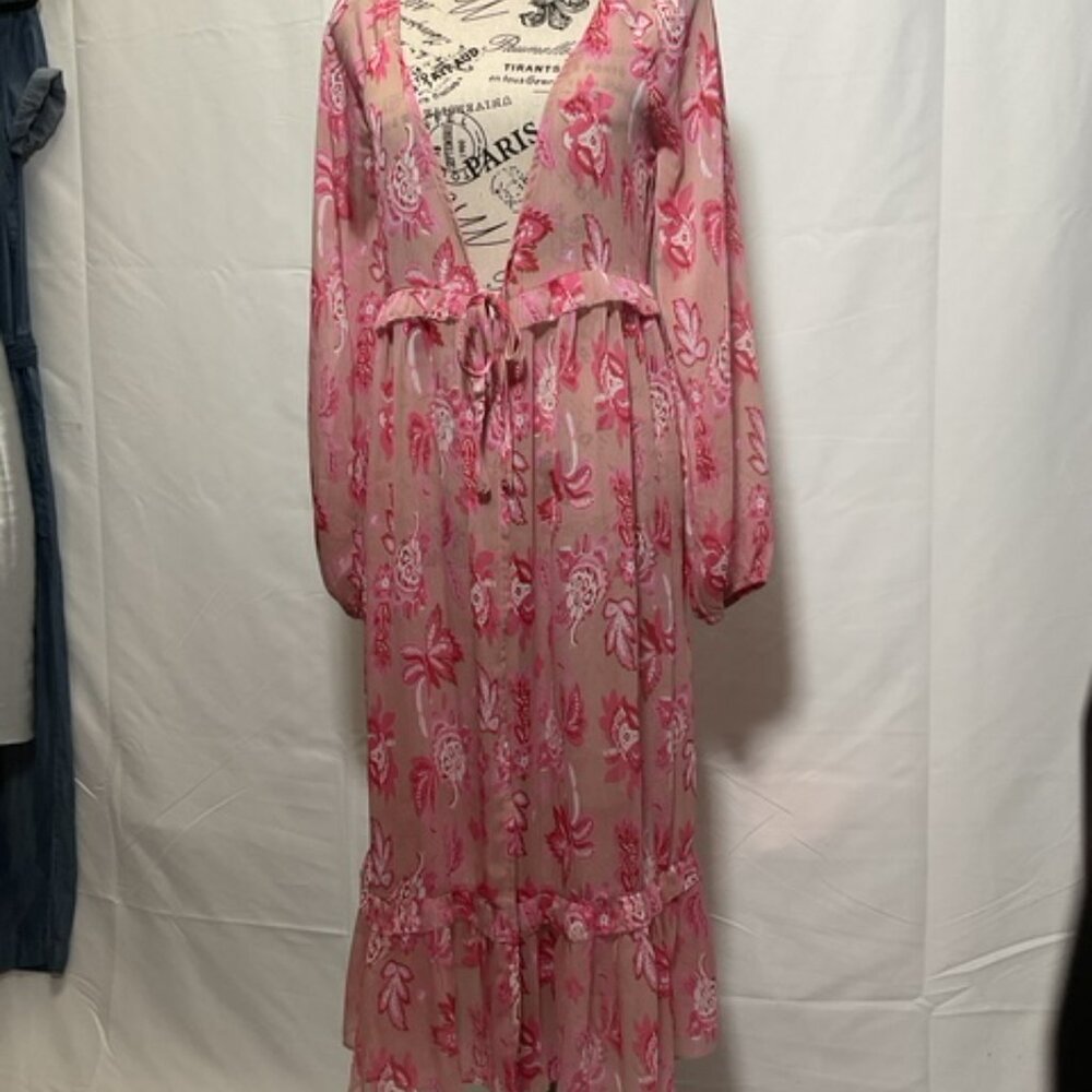 on twelfth Pink Floral Print Multi Use Open Front, Tie String, Cover Up. Size S - Picture 5 of 7